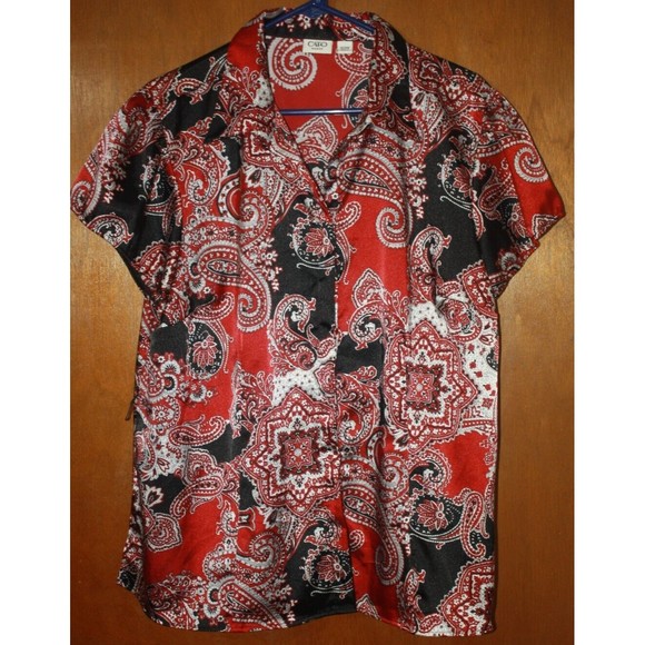 Cato Tops - Cato Womens Satiny Short Sleeve Button Down Top Burgandy Black 18/20W Plus Size